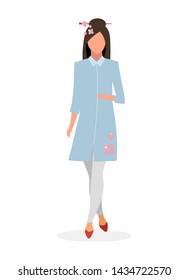 Elegant japanese girl flat vector illustration. Glamour chinese woman cartoon character isolated on white background. Young lady in kimono style dress. Asian fashion model with sakura flowers