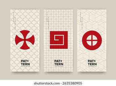 Elegant Japanese patterns combining traditional backgrounds with bold symbolic forms ideal for modern packaging branding and stylish product presentation