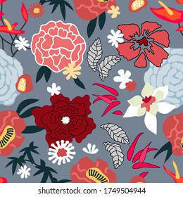 Elegante huella japonesa. Patrón sin foco con flores florecientes. Colección textil vintage. Plantilla para textiles, tarjetas, papel de envoltura.