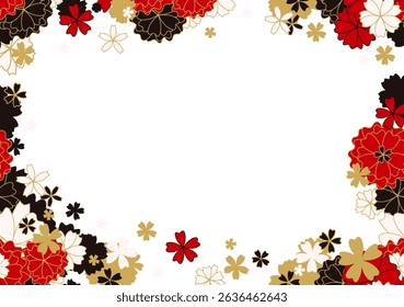 Elegant Japanese Sakura Floral Frame in Traditional Red, Gold and Black Flowers Isolated White Background, Festive Luxury Decorative Design for Invitations and Holiday Celebrations