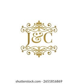 Elegante logotipo monograma JC em ouro com design floreado ornamental. Perfeito para casamentos, marca boutique, etiquetas de produtos premium ou identidade de luxo. High-end, atemporal e refinado.