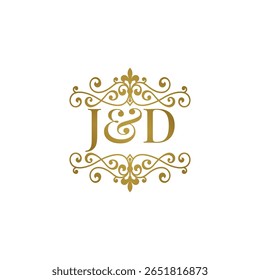 Elegante logotipo monograma JD em ouro com design floreado ornamental. Perfeito para casamentos, marca boutique, etiquetas de produtos premium ou identidade de luxo. High-end, atemporal e refinado.