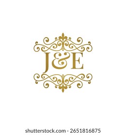 Elegante logotipo monograma JE em ouro com design floreado ornamental. Perfeito para casamentos, marca boutique, etiquetas de produtos premium ou identidade de luxo. High-end, atemporal e refinado.
