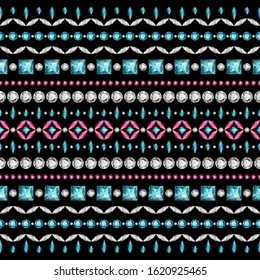 Elegant jewellery background. Vector set of seamless border ornaments with diamonds and precious gemstones in boho style. Jewelry collection on black. Top view.