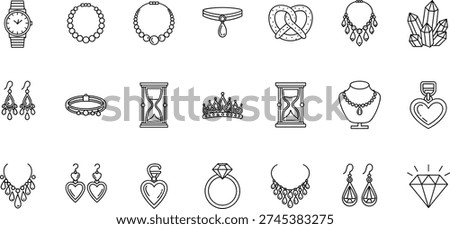 Elegant Jewelry Icon Set Featuring Necklaces Earrings Rings Luxury Watches Crowns Crystals and Hourglass Symbols for Fashion Brand Identity and Design