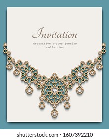 Elegant jewelry necklace with diamonds and emerald gem stones. Vector jewellery gold frame. Vintage wedding invitation or save the date card template with place for text