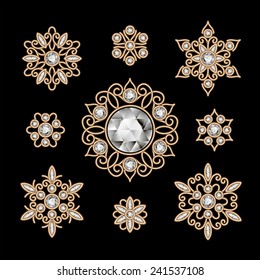 Elegant jewelry on black, vintage gold decoration, vector set of filigree diamond vignettes