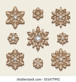 Elegant jewelry pendants, vintage diamond gold decoration, vector set of filigree circle ornaments on white, eps10