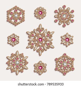 Elegant jewelry pendants, vintage gold jewellery decoration with diamond and ruby gems, vector set of filigree circle ornaments on white, eps10