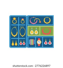 Elegant jewelry storage solution displaying various gold, silver, and colorful earrings, necklaces, and accessories in a blue compartmentalized box with vibrant lighting.