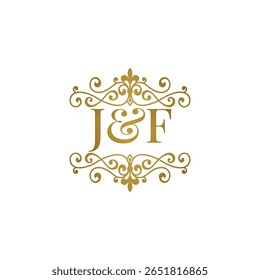 Elegante logotipo monograma JF em ouro com design floreado ornamental. Perfeito para casamentos, marca boutique, etiquetas de produtos premium ou identidade de luxo. High-end, atemporal e refinado.