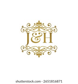 Elegante logotipo monograma JH em ouro com design floreado ornamental. Perfeito para casamentos, marca boutique, etiquetas de produtos premium ou identidade de luxo. High-end, atemporal e refinado.