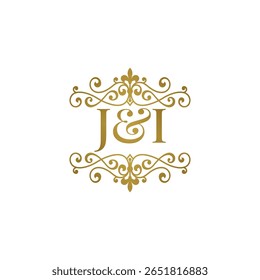 Elegante logotipo monograma JI em ouro com design floreado ornamental. Perfeito para casamentos, marca boutique, etiquetas de produtos premium ou identidade de luxo. High-end, atemporal e refinado.
