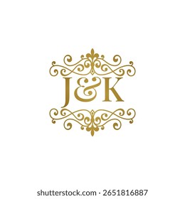 Elegante logotipo monograma JK em ouro com design floreado ornamental. Perfeito para casamentos, marca boutique, etiquetas de produtos premium ou identidade de luxo. High-end, atemporal e refinado.