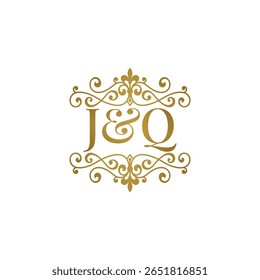 Elegante logotipo do monograma JQ em ouro com design floreado ornamental. Perfeito para casamentos, marca boutique, etiquetas de produtos premium ou identidade de luxo. High-end, atemporal e refinado.
