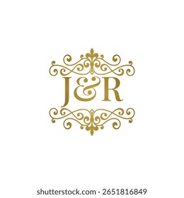 Elegante logotipo do monograma JR em ouro com design floreado ornamental. Perfeito para casamentos, marca boutique, etiquetas de produtos premium ou identidade de luxo. High-end, atemporal e refinado.