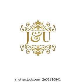 Elegante logotipo monograma JU em ouro com design floreado ornamental. Perfeito para casamentos, marca boutique, etiquetas de produtos premium ou identidade de luxo. High-end, atemporal e refinado.