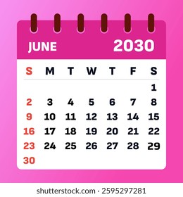 Elegant June 2030 calendar. Great for summer scheduling, organizing work deadlines, and managing daily tasks.