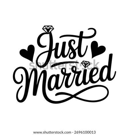Elegant just married script text with hearts and diamonds for weddings