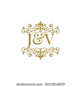 Elegante logotipo monograma JV em ouro com design floreado ornamental. Perfeito para casamentos, marca boutique, etiquetas de produtos premium ou identidade de luxo. High-end, atemporal e refinado.