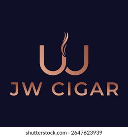 Elegant JW Cigar Logo Design Featuring Bronze Lettering and a Stylized Smoke Motif on a Dark Blue Background