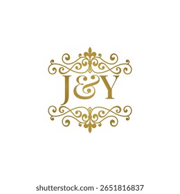 Elegante logotipo monograma JY em ouro com design floreado ornamental. Perfeito para casamentos, marca boutique, etiquetas de produtos premium ou identidade de luxo. High-end, atemporal e refinado.