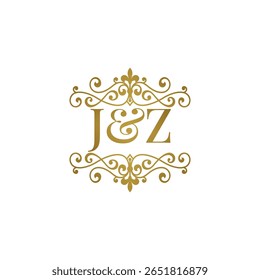 Elegante logotipo monograma JZ em ouro com design floreado ornamental. Perfeito para casamentos, marca boutique, etiquetas de produtos premium ou identidade de luxo. High-end, atemporal e refinado.