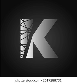 Elegant K Letter with Abstract Geometric Fragmented Style on Dark Background. Ideal for futuristic graphic themes, innovative branding elements, and modern editorial layouts.