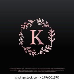 Elegant K Letter Hexagon Floral Logo with Creative Elegant Leaf Monogram Branch Line and Pink Black Color. Usable for Business, Fashion, Cosmetics, Spa, Science, Medical and Nature Logos.