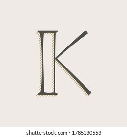 Elegant K letter serif font logo. Classic thin pen lettering with shadow lines. Luxury vector illustration perfect for alcohol labels, fashion posters, vintage identity, etc.