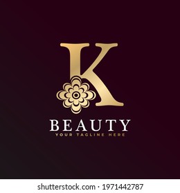 Elegant K Luxury Logo. Golden Floral Alphabet Logo with Flowers Leaves. Perfect for Fashion, Jewelry, Beauty Salon, Cosmetics, Spa, Boutique, Wedding, Letter Stamp, Hotel and Restaurant Logo.