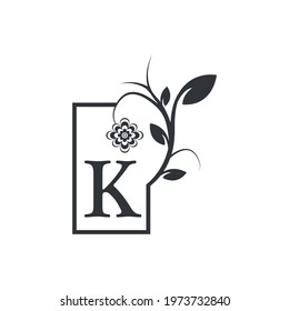 Elegant K Luxury Logo Square Frame Badge. Floral with Flowers Leaves. Perfect for Fashion, Jewelry, Beauty Salon, Cosmetics, Spa, Boutique, Wedding, Letter Stamp, Hotel and Restaurant Logo.