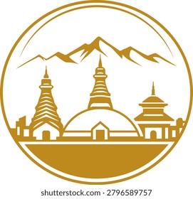Elegant Kathmandu skyline vector badge with mountain backdrop and heritage inspired architecture in premium circular emblem design. Ideal for boutique hospitality, luxury travel branding, tourism campaigns, premium merchandise, destination identity, and cultural marketing.