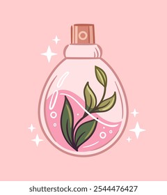 Elegante botella de perfume kawaii con exquisito diseño botánico, proporcionando un aspecto estéticamente agradable. Ilustración vectorial en estilo sketch. Para la etiqueta engomada, empaquetado, elemento del diseño