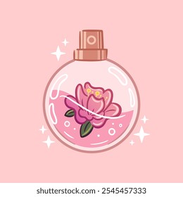 Una elegante botella de perfume vintage kawaii con un exquisito diseño de peonía. Aroma floral. Ilustración vectorial en estilo sketch. Para la etiqueta engomada, empaquetado, elemento del diseño