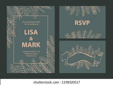 elegant khaki and beige colored wedding invitations templates set with floral leaf branches twigs