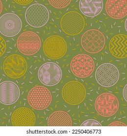 Elegant kimono print vector endless ornament. Bubble shapes with oriental patterns inside. Asian motives in circles. Freckled texture background. Gift packaging design.