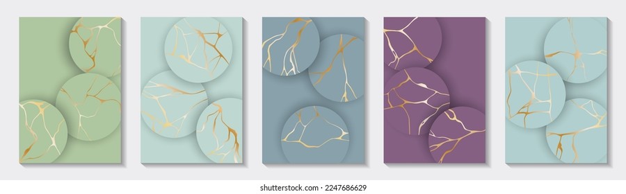 Elegant kintsugi art gold brocken line patterns vector collection. Booklet cover pages with kintsugi japanese art golden ornaments. Crack brocken line backgrounds. Poster templates.