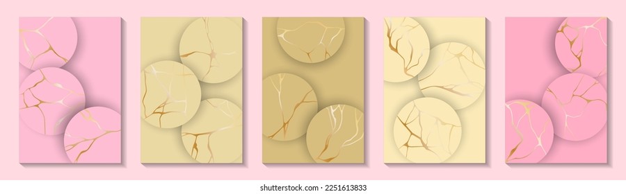 Elegant kintsugi art gold brocken line patterns vector collection for Valentine's Day. Greeting cart background with kintsugi japanese art golden ornaments. Crack brocken line backgrounds. 