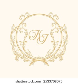 Elegante KJ-Initialen in einem runden, ornamentalen Barockrahmen mit floralen Elementen, klassischer und königlicher Optik, zur persönlichen oder Hochzeitseinladung verwendet. Vektorgrafik