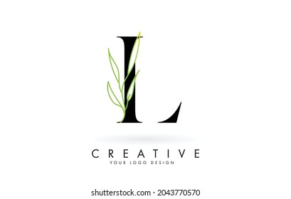 Elegant L letter logo design with long leaves branch vector illustration. Creative icon with letter L and natural elements.