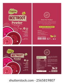 Elegant label design bundle for organic beetroot powder and supplements featuring vibrant pink and red tones with modern typography. Perfect for food packaging.