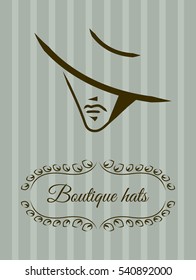 Elegant label hat boutique. Logo,icon of head, face beautiful women. Vector outline