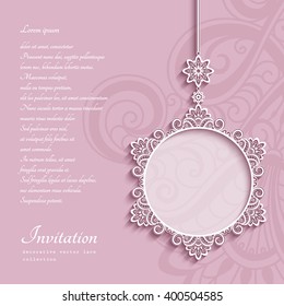 Elegant lace decoration, lacy pendant on ornamental pink background, circle frame, mandala, greeting card, wedding invitation or announcement template, vector eps10