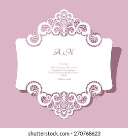Elegant lace greeting card, wedding invitation or announcement template, vector illustration