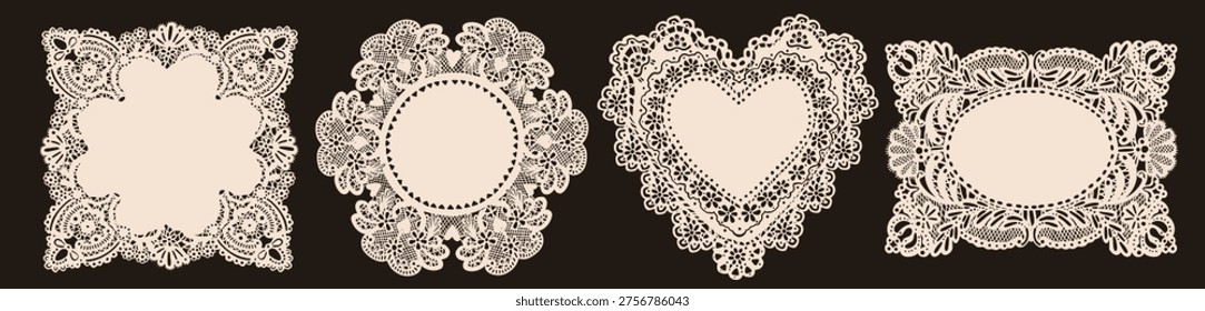 Elegant lace Napkins, Frames set. Various shapes, ornaments, crochet doily borders. Hand drawn Vector illustration. Wedding invitation, greeting card, Valentine day concept. Isolated design elements