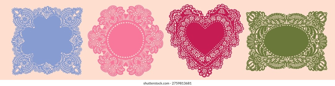 Elegant lace Napkins, Frames set. Various shapes, ornaments, crochet doily borders. Hand drawn Vector illustration. Wedding invitation, greeting card, Valentine day concept. Isolated design elements
