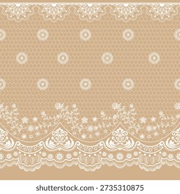 Elegant lace pattern with delicate floral ornaments and ornamental borders. Luxury seamless design in soft neutral tones, perfect for fabric, textile printing, wallpaper, interior decor, and classic decorative backgrounds.