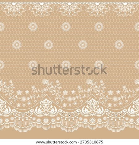 Elegant lace pattern with delicate floral ornaments and ornamental borders. Luxury seamless design in soft neutral tones, perfect for fabric, textile printing, wallpaper, interior decor, and classic decorative backgrounds.