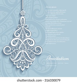 Elegant lace pendant on ornamental neutral background, lacy feather decoration, greeting card, wedding invitation or announcement template, vector eps10